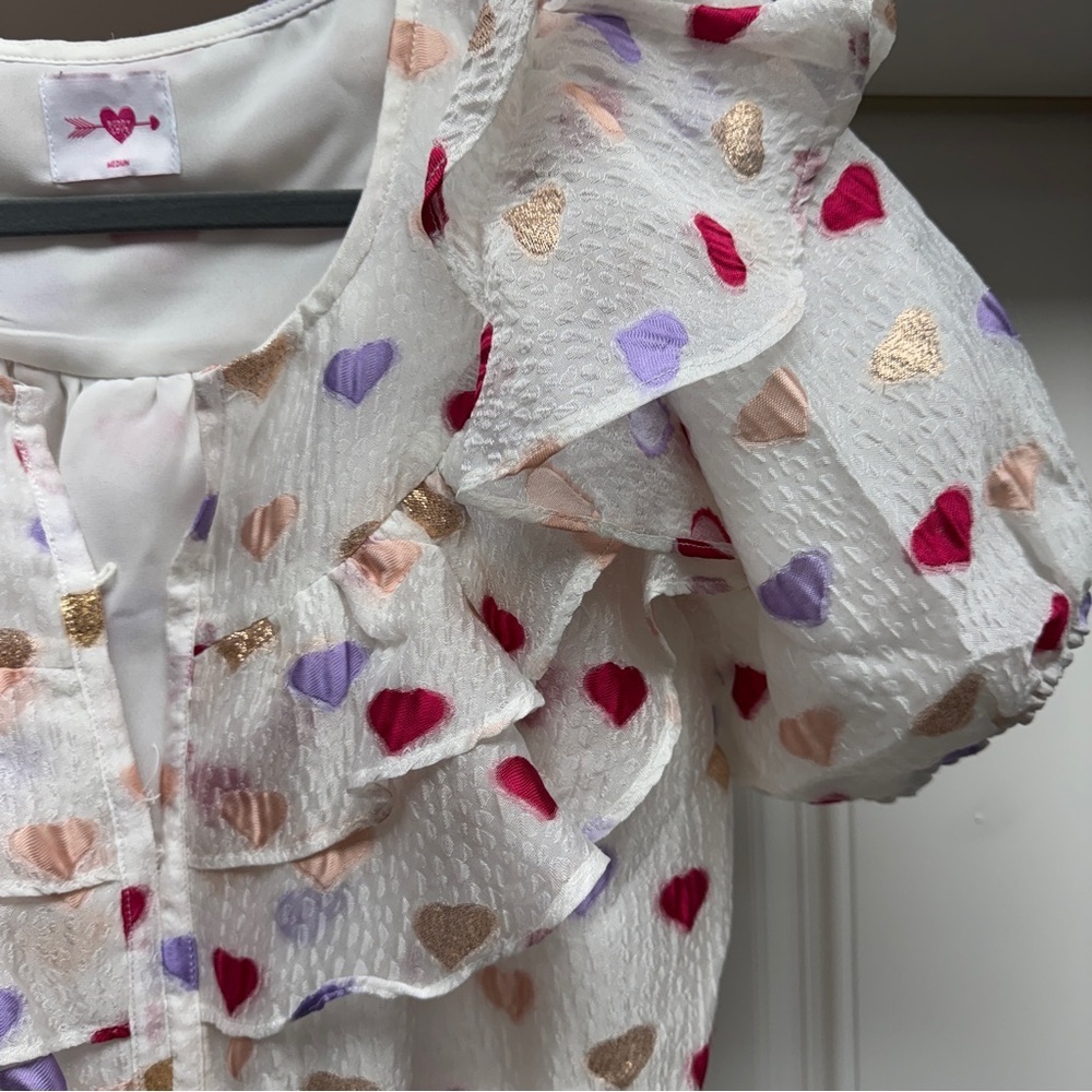 Buddy Love Norma Ruffle Short Dress Kissing Booth Heart Print White Pink - Picture 7 of 15